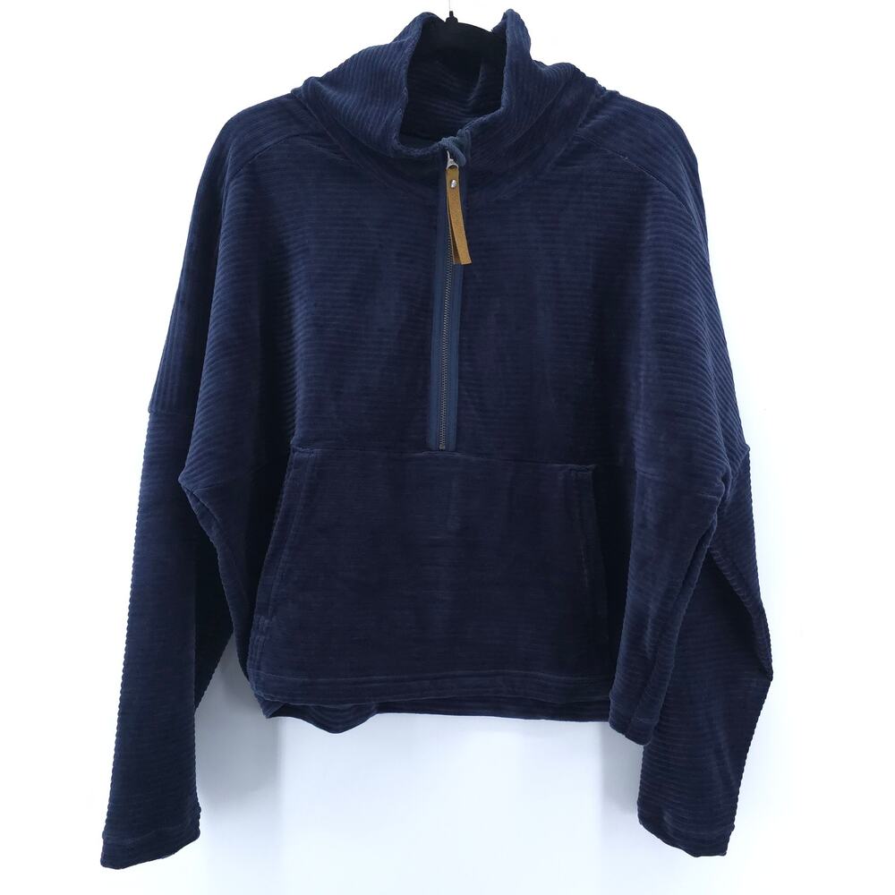 Prana Escambia Half Zip Stormy Night Blue Organic Cotton Velour Leather Pull L
